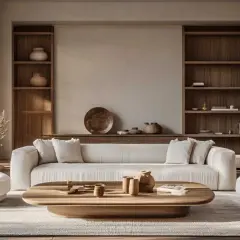 Ein Wohnzimmer in warmen **Farben** wie **Taupe** und Beige. Ein bequemes Sofa, zwei Sessel und ein Holztisch laden zum Entspannen ein.