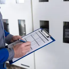 Technik w kombinezonie analizuje dane na tablicy, sprawdzając, ile średnio zużywa się prądu dziennie.