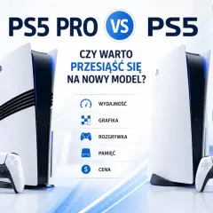 Porównanie PS5 Pro i PS5, z pytaniem "Czy warto przesiąść się na nowy model?". Wskazuje na różnice w wydajności, grafice, rozgrywce, pamięci i cenie.
