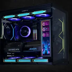 Gaming-PC mit RGB-Beleuchtung und kleinem Display, das Systeminformationen wie CPU-Temperatur und Lüfterdrehzahl anzeigt, um die FPS im Auge zu behalten.