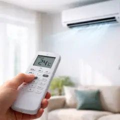 Une main tient une télécommande pour régler le climatiseur en mode auto. L'air frais est diffusé dans la pièce.