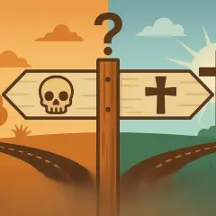 Rozdroże z symbolem czaszki i krzyża. Znak drogowy pyta, gdzie trafia dusza po śmierci, wskazując dwie ścieżki.
