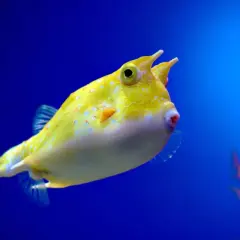 Un pez amarillo brillante con cuernos, salpicado de puntos blancos y naranjas, nada en un acuario azul.