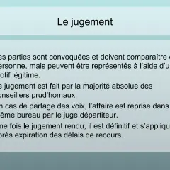 Diapositive sur "Le jugement", expliquant le rôle du juge départiteur en cas de partage des voix.