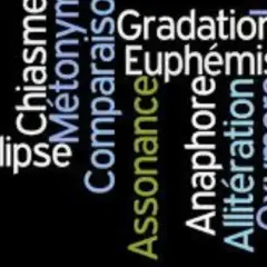 Un collage de mots illustrant des figures de style : ellipse, chiasme, métaphore, gradation, euphémisme, anaphore, allitération, oxymore.