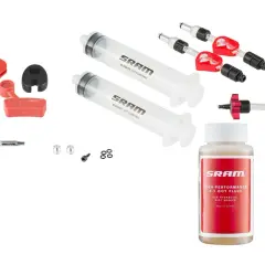 Kit pour purge liquide de frein SRAM : seringues, adaptateurs, clé Allen et flacon de DOT 5.1.