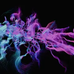 Wirujące, neonowe włókna w odcieniach różu i błękitu tworzą psychodeliczny, kosmiczny wir na czarnym tle.