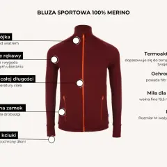 Bordowa bluza sportowa z wełny merino. Miękka, termoaktywna, z ochroną UV. Lepsza niż bawełna na chłodne dni.