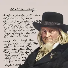 Ein Mann mit Hut und Bart, neben einem Gedicht, das von der Etsch bis an die Memel reicht.