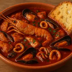 Un invitante cacciucco alla livornese in ciotola di terracotta, con gamberone, cozze, anelli di calamaro e crostino.