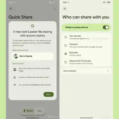 Ekran "Quick Share" z opcjami udostępniania plików. Umożliwia szybkie udostępnianie danych między urządzeniami.