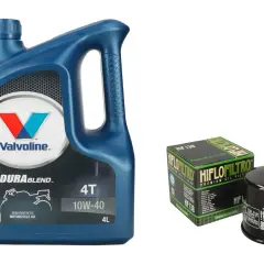 Niebieska butelka oleju silnikowego Valvoline DuraBlend 4T 10W-40 i filtr oleju Hiflofiltro HF 138.