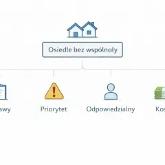 Schemat organizacyjny dla osiedla bez wspólnoty: sprawy, priorytety, odpowiedzialni i koszty.
