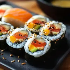 Rolki sushi z łososiem, awokado i mango, posypane sezamem, na czarnym talerzu z sosem sojowym.