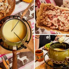 Un régal de fondue 4 fromages, avec des morceaux de pain croustillants prêts à être trempés dans le fromage fondu.