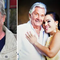 En äldre man och en yngre kvinna ler mot varandra. Mannen har grått hår och en beige jacka. Kvinnan har mörkt hår och en gul klänning. Kanske är det en av de där "little gerhard fruar" som man hör talas om.
