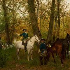 Myśliwi w barwnych strojach, psy gończe i konie w jesiennym lesie. Dzieła Aleksandra Gierymskiego często przedstawiają sceny historyczne.