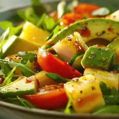 Ensalada de aguacate fresca con tomates, piña y aderezo.