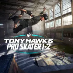 Skater wykonuje trik w powietrzu na tle hali z logo gry Tony Hawk's Pro Skater 1+2.