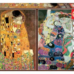 Obraz Gustava Klimta "Pocałunek", najdroższy obraz, na pudełku puzzli.