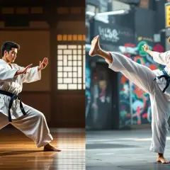 Två män i vita dräkter utövar budo kampsport. Den ena i en traditionell dojo, den andra med en bakgrund av graffitiväggar.