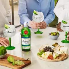 Tanqueray Gin alkoholfrei Rezept: Erfrischende Drinks mit Limette und Eis, serviert mit einem köstlichen Käseplättchen.