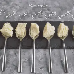 Siedem łyżek z serem, pokazujących jak zmielić ser bez maszynki: widelec, praska, blender i różne ilości mielenia.