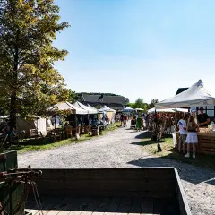 Besucher bummeln über den Bauernmarkt Lindlar, vorbei an Ständen mit Waren und Sitzgelegenheiten unter Bäumen.