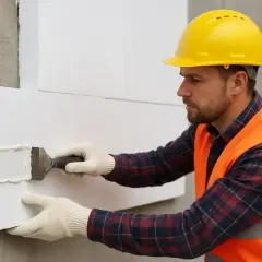Budowlaniec w żółtym kasku nakłada klej do polistyrenu na płytę izolacyjną, przygotowując ją do montażu na ścianie.