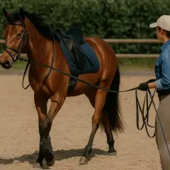 Trening konia na lonży. Brązowy koń w siodle i kobieta w czapce prowadząca go na lonży na piaszczystym placu.