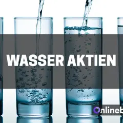 Vier Gläser, in die Wasser gegossen wird, mit dem Text "WASSER AKTIEN". Eine Liste von Wasser-Aktien könnte hier vorgestellt werden.