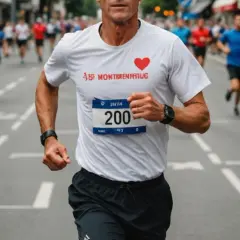 Biegacz z numerem 200 na koszulce, z sercem i napisem "Montréal", osiąga tętno maksymalne podczas wyścigu.