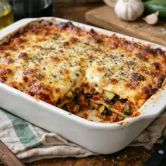 Lasagnes aux légumes, une recette italienne réconfortante avec des couches de pâtes, sauce tomate, courgettes et fromage gratiné.