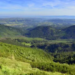 Widok na zielone góry i doliny, gdzie lasy tworzą wielki kopieniec. W oddali widać zabudowania.