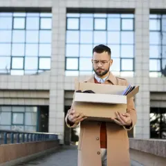 Zmartwiony mężczyzna z kartonem rzeczy po utracie pracy, myślący o spłacie kredytu.