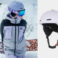 Męski kask narciarski 4F w kolorze liliowym, idealny na stok. Widoczny na zdjęciu z narciarką w kurtce 4F.