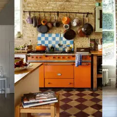 A collage of three rooms showcasing farmhouse style: a modern kitchen island, a rustic kitchen with an orange range, and a living area with floral curtains and a map.