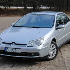 Srebrny Citroen C5 2.0 HDi zaparkowany na drodze leśnej.