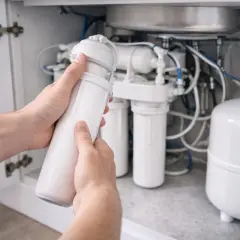 Mains d'homme tenant un filtre pour un raccord osmoseur. Système de filtration d'eau sous évier.