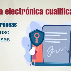 Ilustración sobre la firma electrónica cualificada: 5 ideas erróneas en empresas. Un documento con candado y llave, y personas firmando.