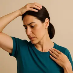 Donna con mano sulla testa e sul collo, espressione di disagio, forse per cervicale e nausea.