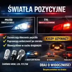 Światła pozycyjne: białe z przodu, czerwone z tyłu. Zaznaczają pojazd, poprawiają widoczność. Kiedy ich używać? W tunelu, podczas postoju.
