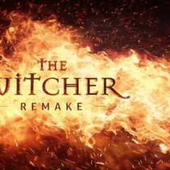 Płomienie otaczają napis "The Witcher Remake". Zapowiada to gorącą przygodę w odświeżonej wersji gry Wiedźmin 1.