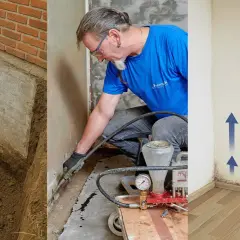 Schutz vor Wasser im Keller: Baugrube, Injektionsverfahren gegen Feuchtigkeit und Schimmelbildung an der Wand.