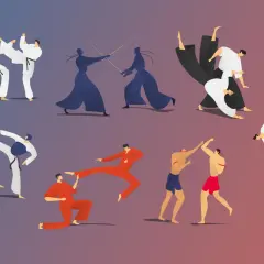 Illustration av olika kampsporter, inklusive japansk brottning. Människor i rörelse, vissa med vapen, andra i närstrid.