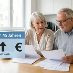 Älteres Paar prüft Unterlagen zur Rente nach 45 Jahren. Wie viel Rente gibt es für 40 Rentenpunkte?