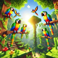 Kolorowe papugi w stylu Minecraft siedzą na gałęziach w bujnej dżungli. Dowiedz się, jak oswoić papugę MC, by towarzyszyła Ci w przygodach.