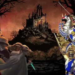 Mroczna bitwa w stylu turowych gier RPG. Rycerze w lśniących zbrojach walczą z potworami u stóp zrujnowanego zamku.