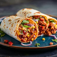 Pyszna tortilla z grilla, pełna mięsa, kukurydzy, fasoli i świeżych warzyw, podana na talerzu.