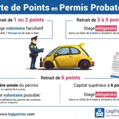 Perte de points permis probatoire : 1-2 points, stage volontaire. 3-5 points, stage obligatoire sous 4 mois. 6 points, stage obligatoire sous 4 mois.